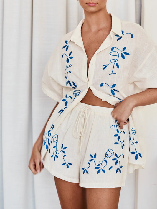 Embroidered comfortable casual shirt & short set