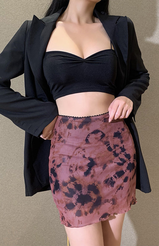 Printed Mesh High Waist Double-Layer Slim Package Hip Half-Body Skirt