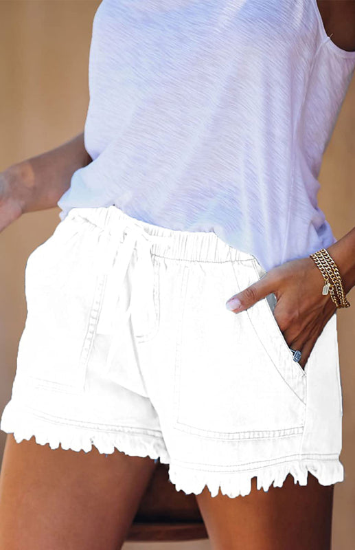 White Casual High Waist Slim Denim Shorts
