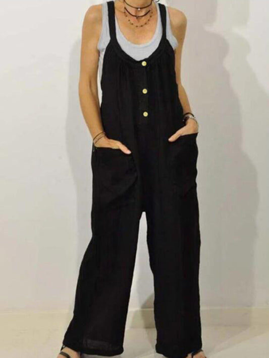 Linen overalls with button down & pockets