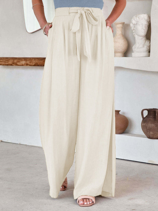 Solid Color Drawstring Knot Wide Leg Trousers
