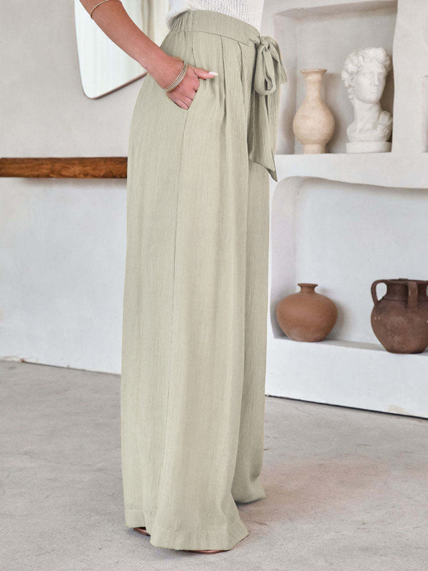 Solid Color Drawstring Knot Wide Leg Trousers